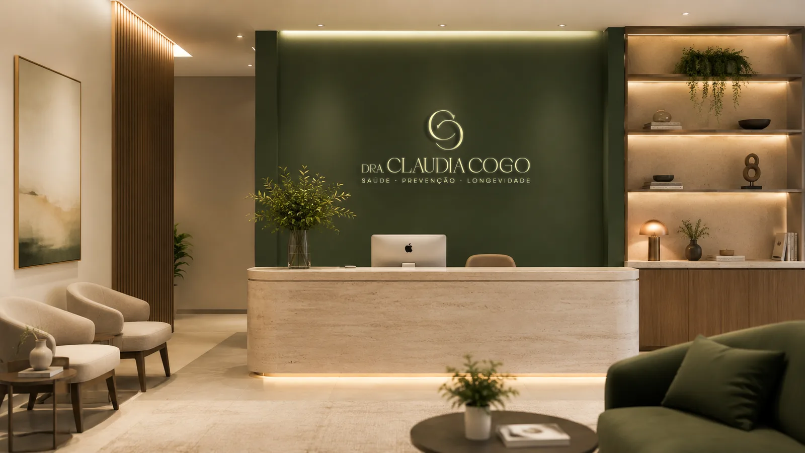 Recepção do consultório com a marca Dra. Claudia Cogo na parede
