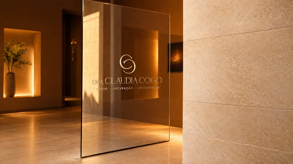 Porta de vidro do consultório com o logotipo Dra. Claudia Cogo